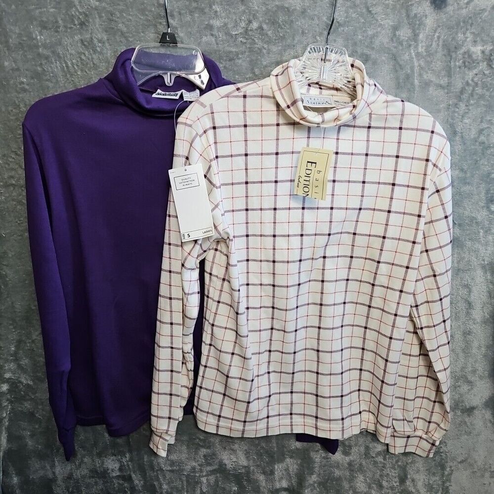 Basic Editions Women's Small Lot Of 2 Turtleneck Tops New purple plaid NEW
